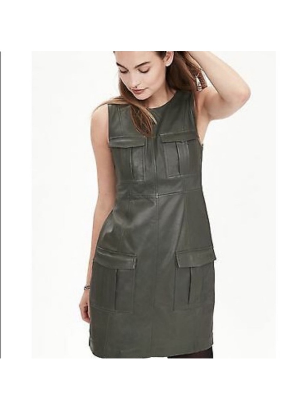 Banana Republic Heritage Collection Lamb Leather Shift Dress Olive Green Size 2